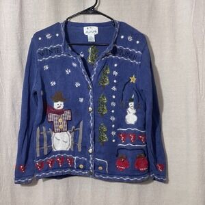 Vintage The Quacker Factory Snowman Embroidered‎ Holiday Cardigan Sweater Small